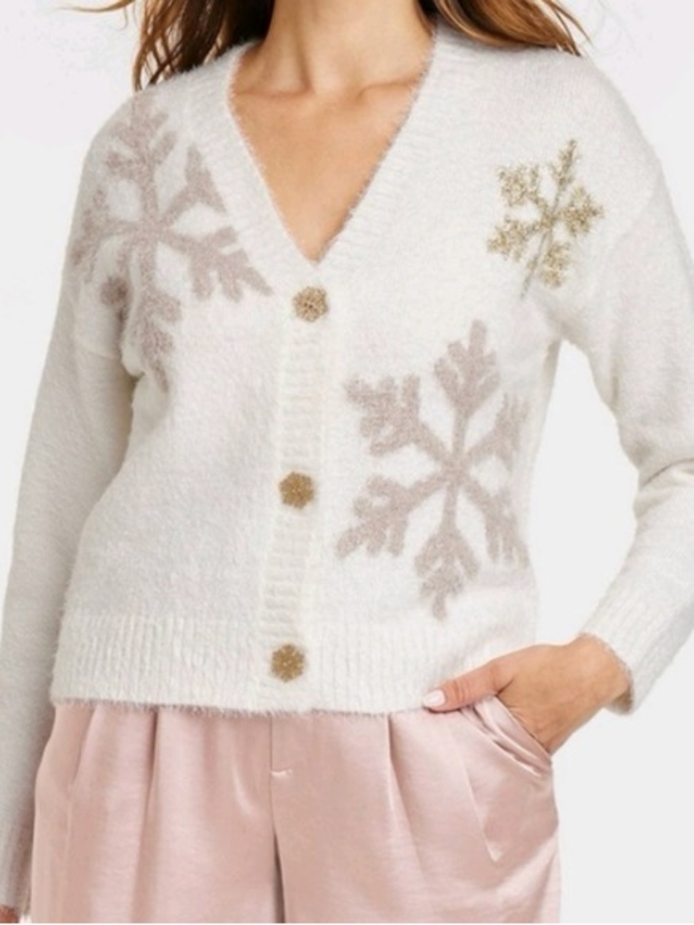 33 Degrees Women's Size M Snowflake Graphic Cream-White-Golf Cardigan